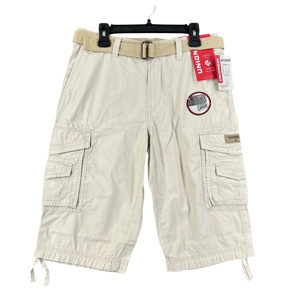 Unionbay Messenger Cargo Shorts Mens 32 Sand Cream Double Stack Belted NWT